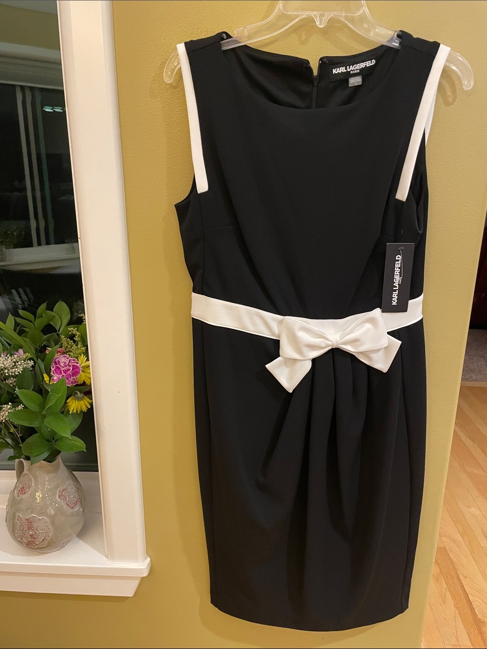 NWT Karl Lagerfeld Black Midi Sheath Dress with White Bow Trim